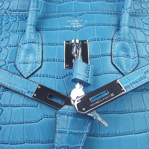 High Quality Fake Hermes Birkin 35CM Crocodile Veins Leather Bag Blue 6089